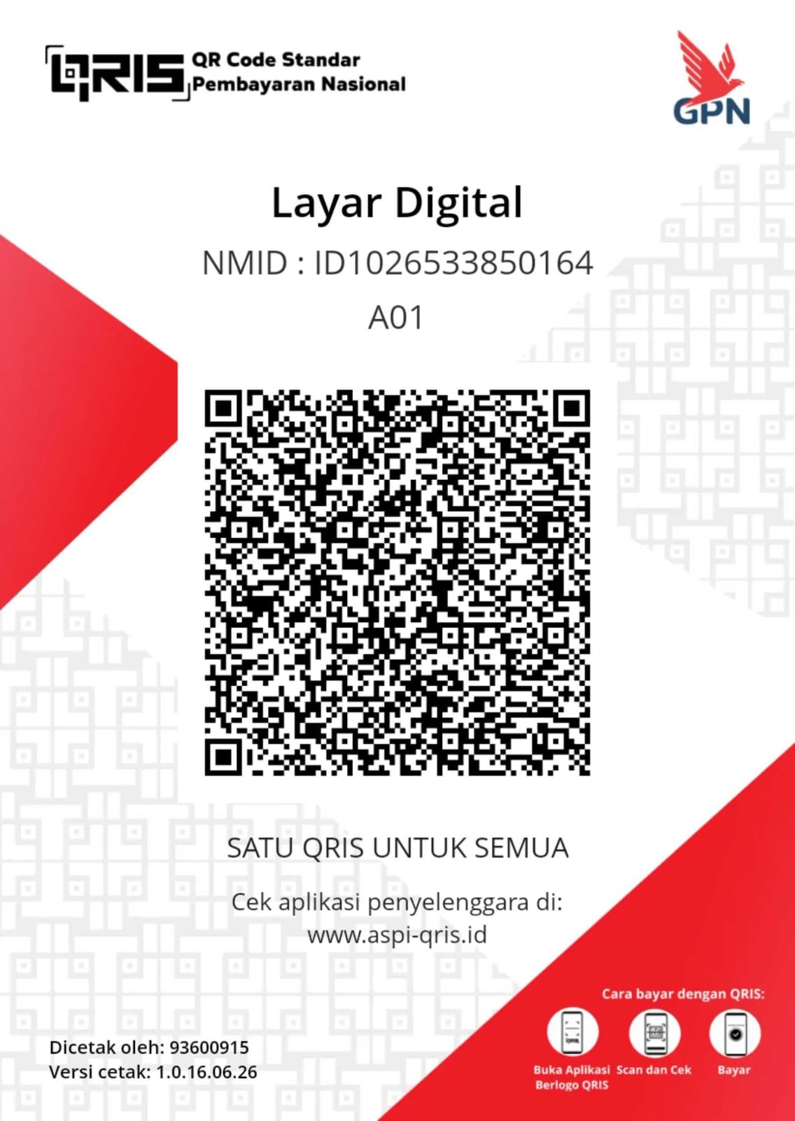 Kode QRIS Layar Digital — NMID ID1026533850164. Pindai untuk membayar.